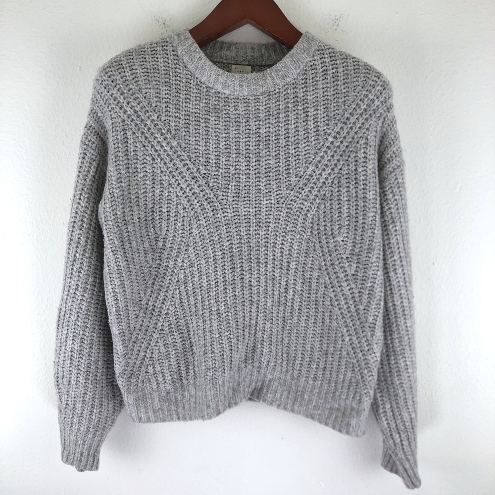 Scandinavian Womens Gray Chunky Ribbed Knit Crew Neck Pullover Sweater Medium
